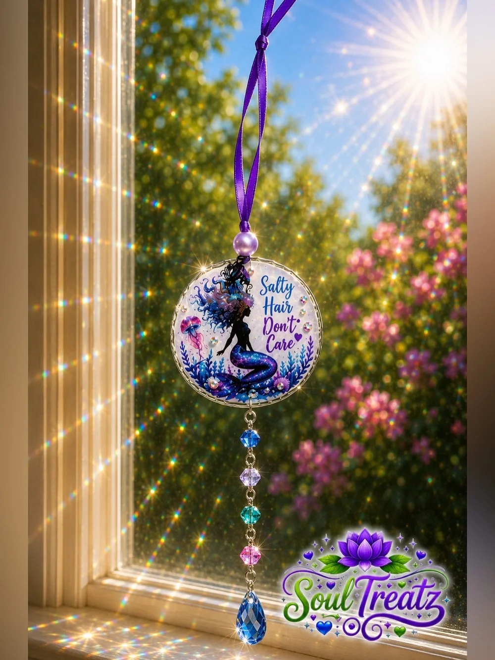 Decoupage Mermaid 'Salty Hair Don't Care' Purple Crystal Sand Dollar Suncatcher